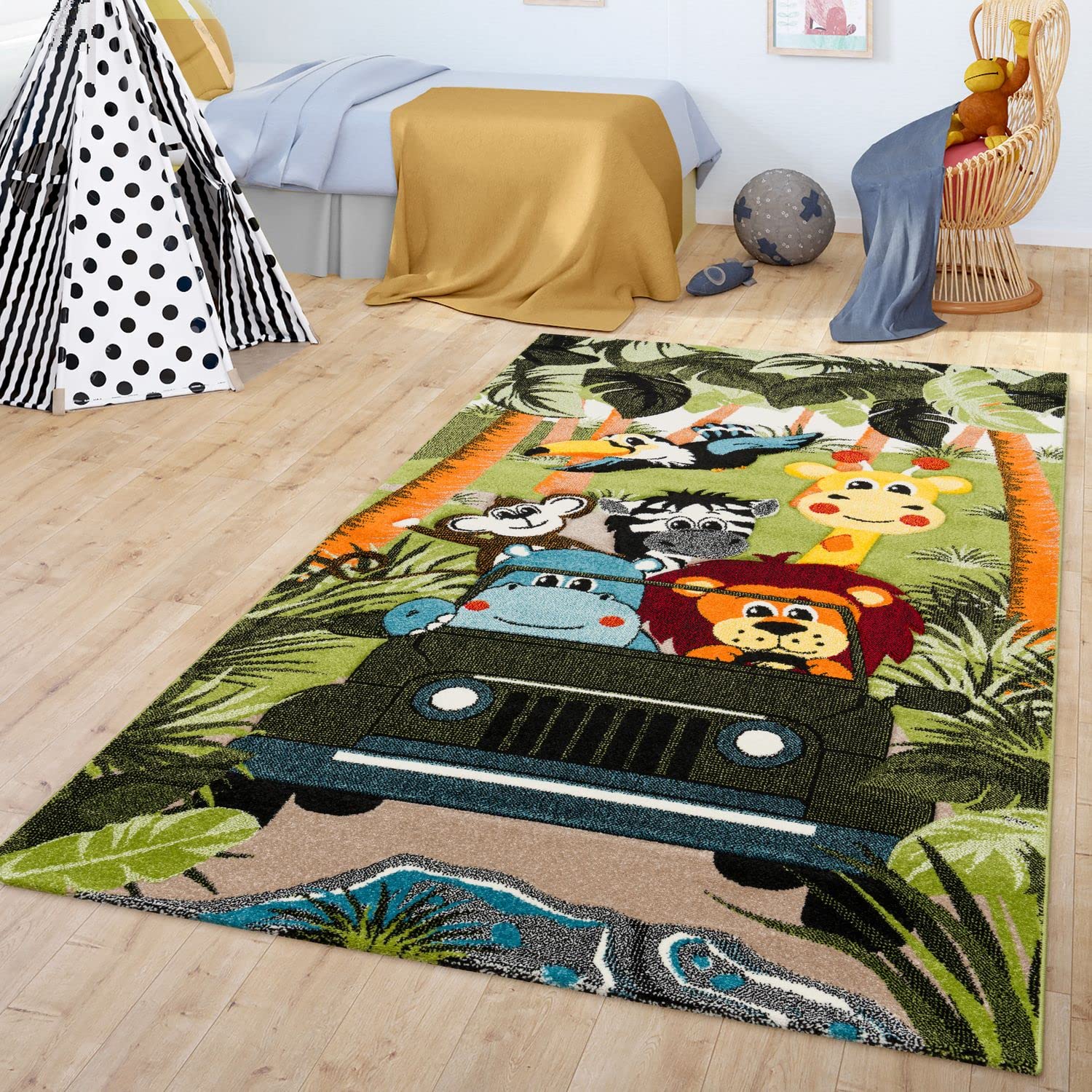 Paco Home Kids Rug For Nursery With Jungle Animals On Safari In Green, Size: 3'11' X 5'7'